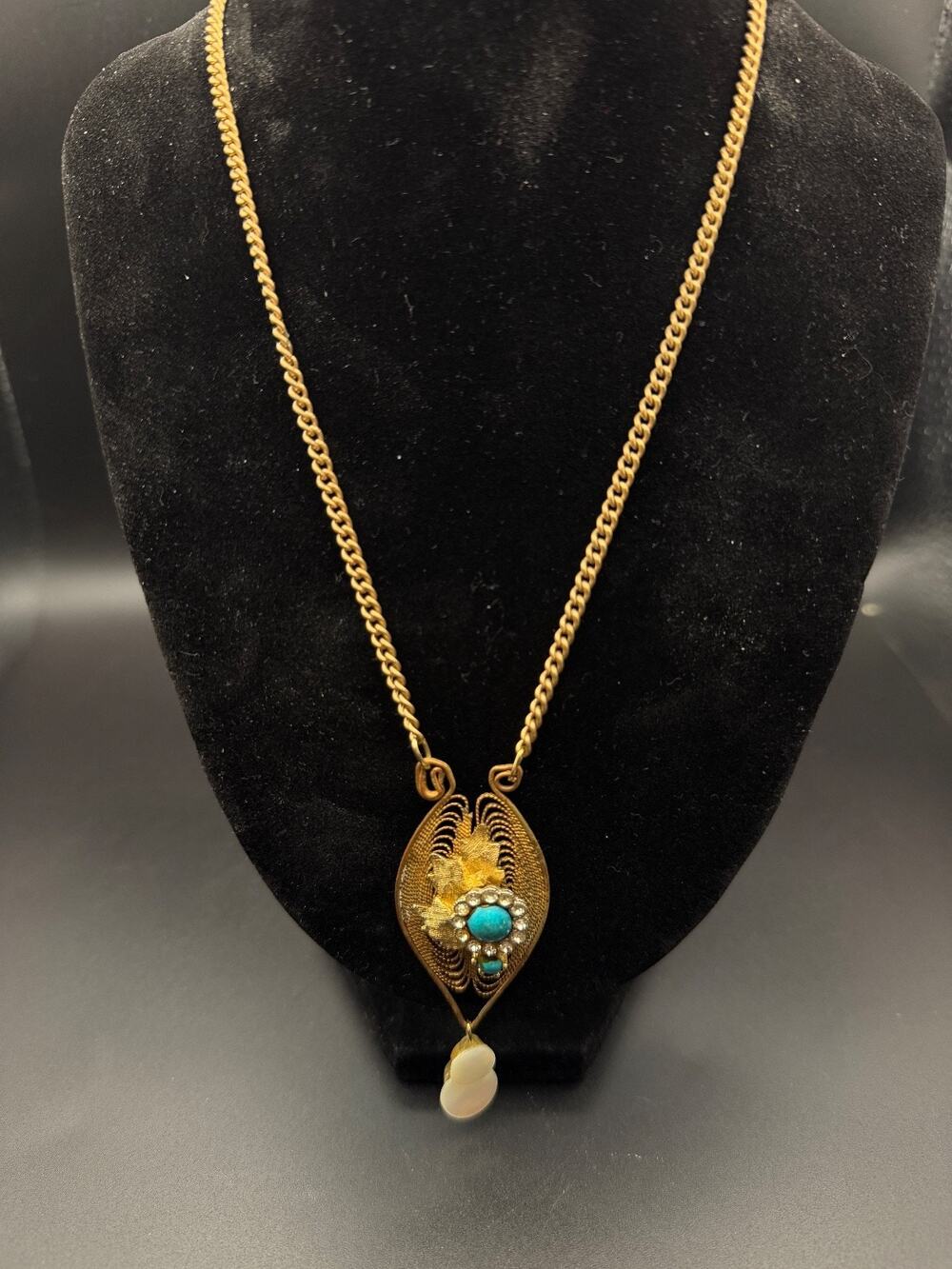 Vintage Boho Filigree Pendant Necklace Faux Turquoise Rhinestone MOP Discs 60s